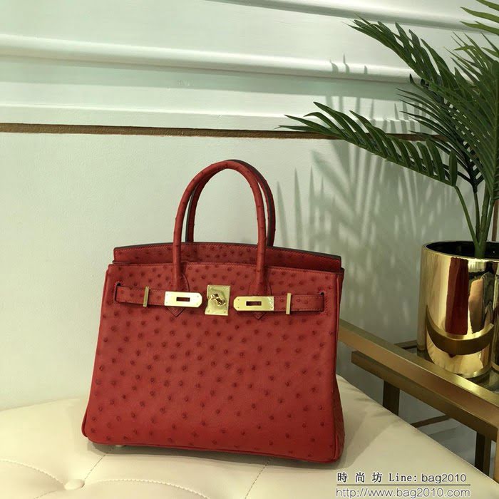 HERMES愛馬仕 鉑金包 Birkin 30 南非原產KK級鴕鳥皮 頂級工藝 手縫蠟線 時尚手提肩背包  Ama1415